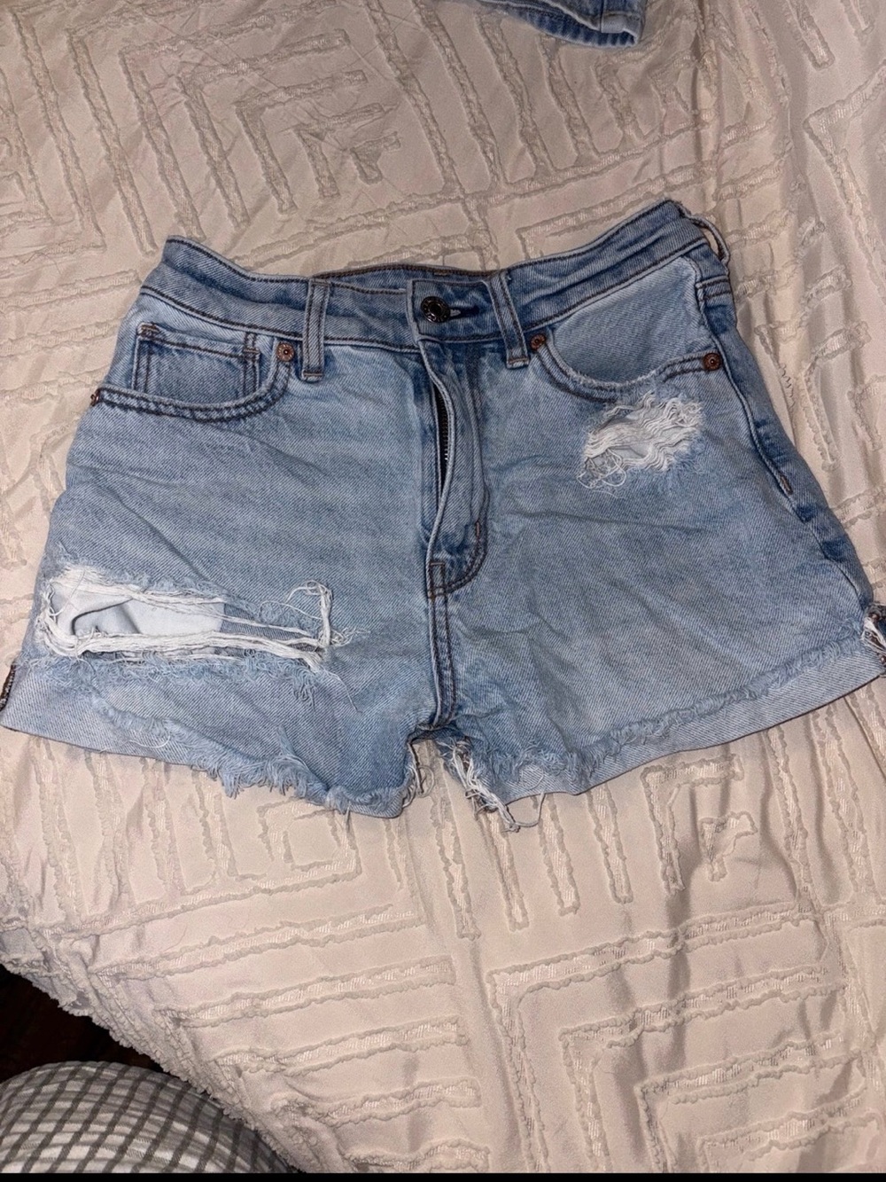 AE High-Rise Light Blue Distressed Denim Shorts